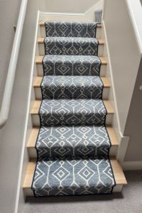 Blue and white patterned stair runner.